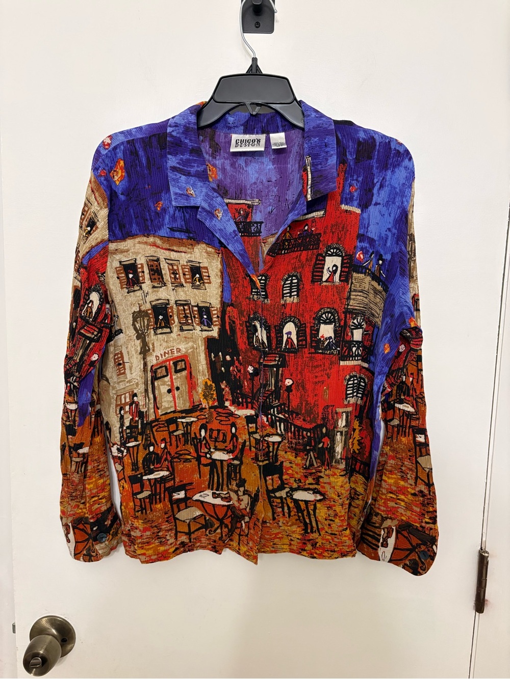 Vtg Chicos Design 100% Silk Crinkle Novelty City Scene Blouse Art to Wear 2 L